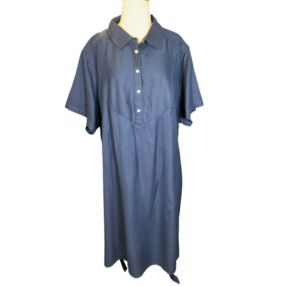 St Johns Bay Blue Shirt Dress 3X Plus Size Button Front Tie Waist Casual Vacatio